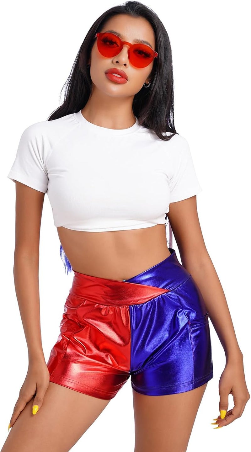 ABAFIP Women Metallic Shiny Shorts Sparkly Hot Dance Bottoms Short Pants Rave Music Festival Outfits with Sunglasses - Image 1